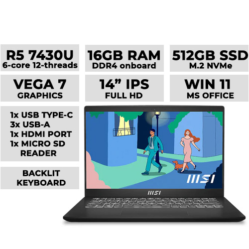 MSI Modern 14 C7M-287PH (Classic Black) Laptop 14" FHD | R5 7430U | 16GB DDR4 | 512GB NVMe | Vega Graphics